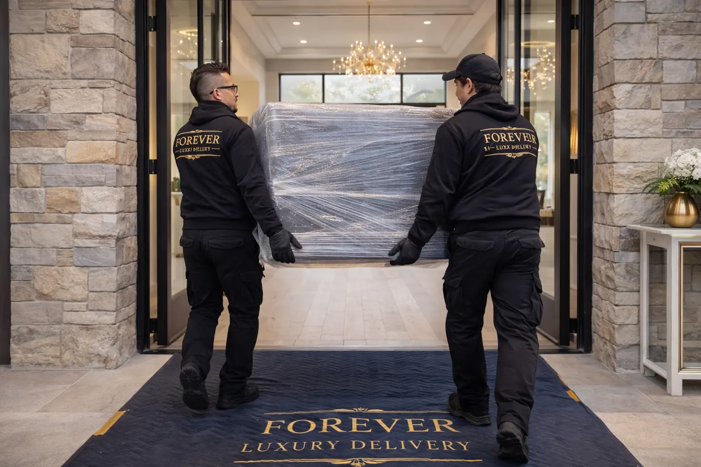 Forever Luxury crew delivering wrapped furniture through luxury home entrance